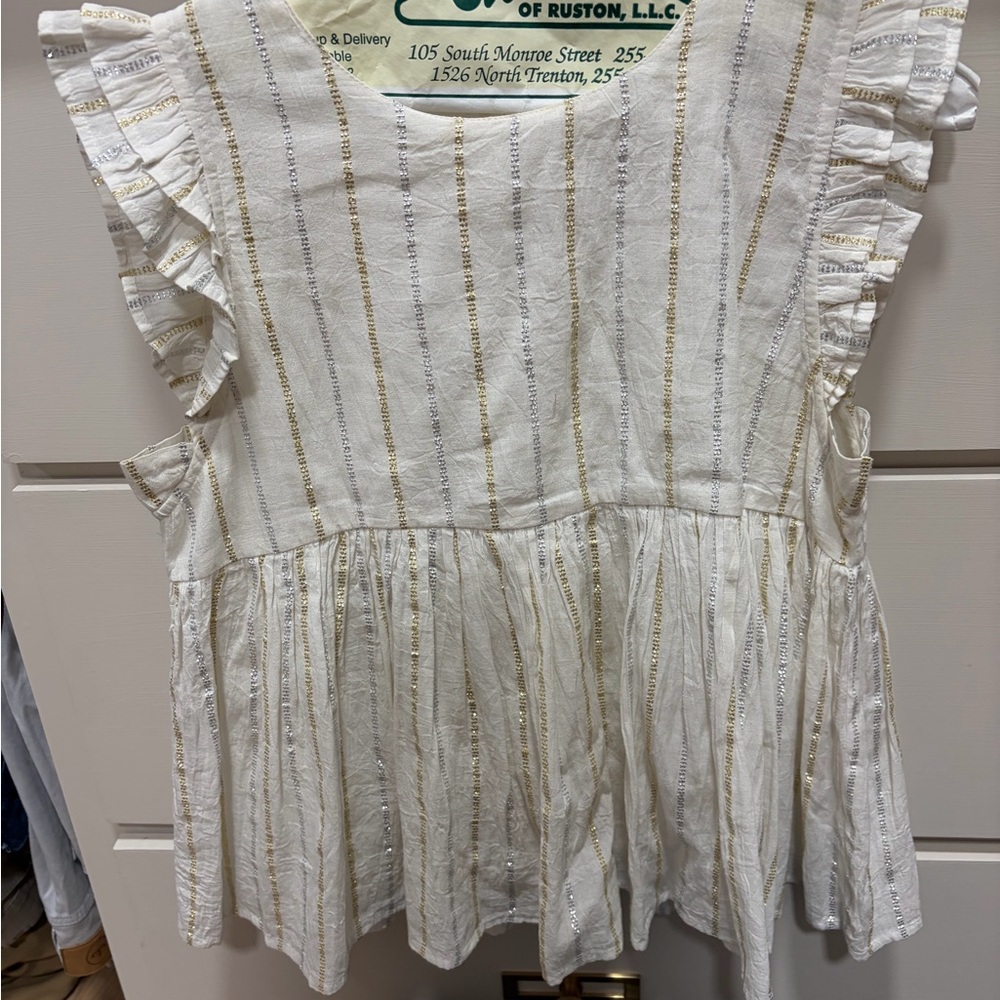 THML Ivory and Gold Ruffle Sleeve Blouse